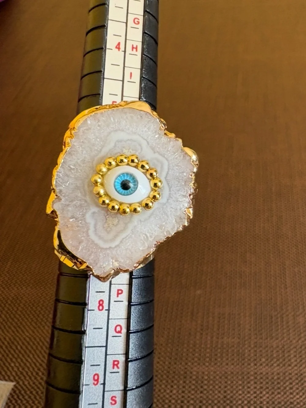 New! Gold-Plated White Synthetic Geode Agate Druzy Evil Eye Statement Ring